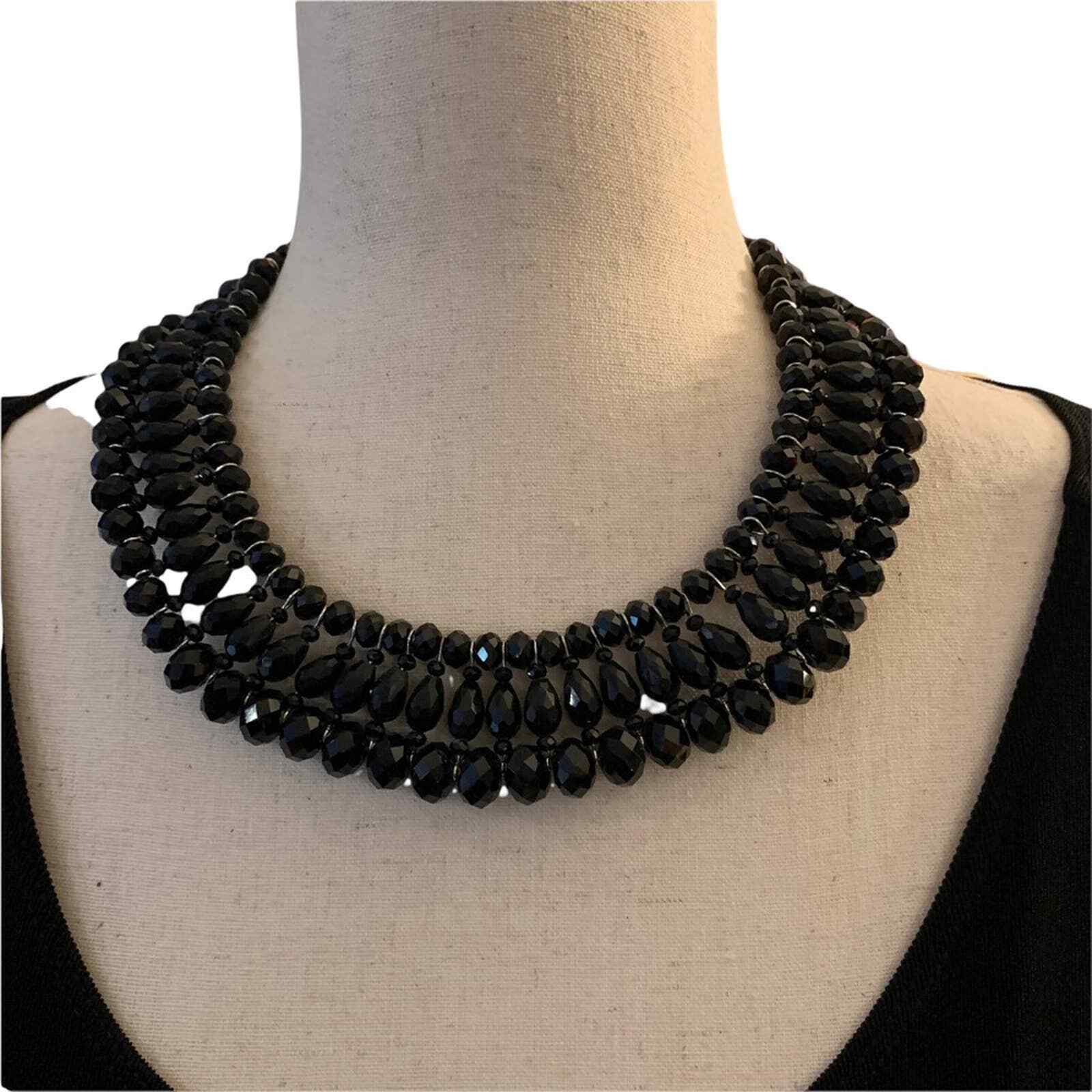Black Beaded Statement Bib Necklace Multi-Strand Faceted Collar Jewelry 20